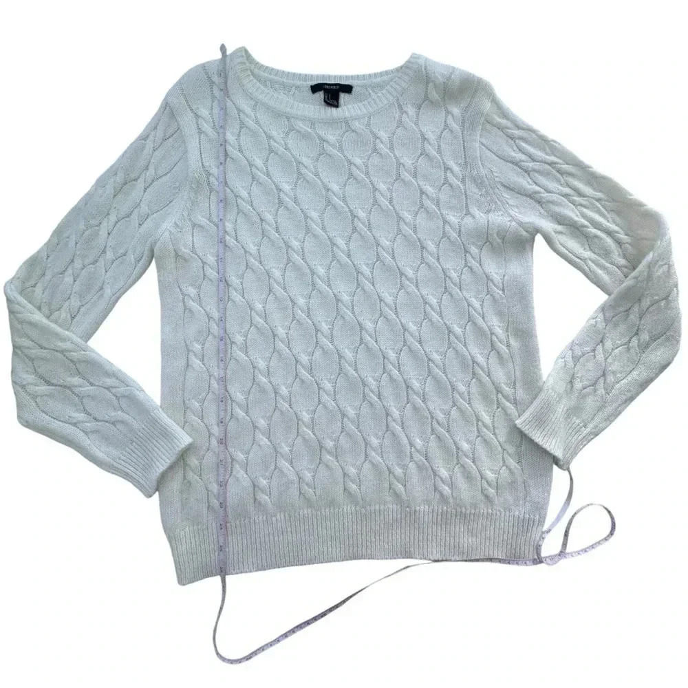 Women Pullover Sweater large L White Cream Rabbit Hair-Wool Cable Knit - Picture 6 of 7